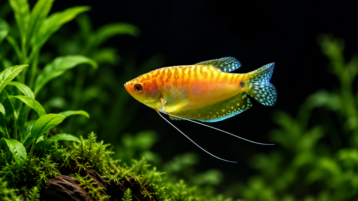 Gold Gourami fish with shimmering yellow body and flowing fins in freshwater aquarium, peaceful tropical species
