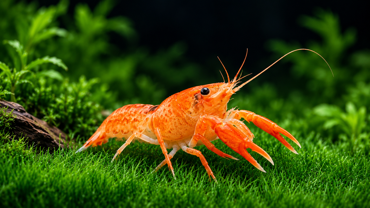 Bright orange Mexican Dwarf Crayfish (CPO) on aquarium gravel at Tilapia Store Florida fish farm.