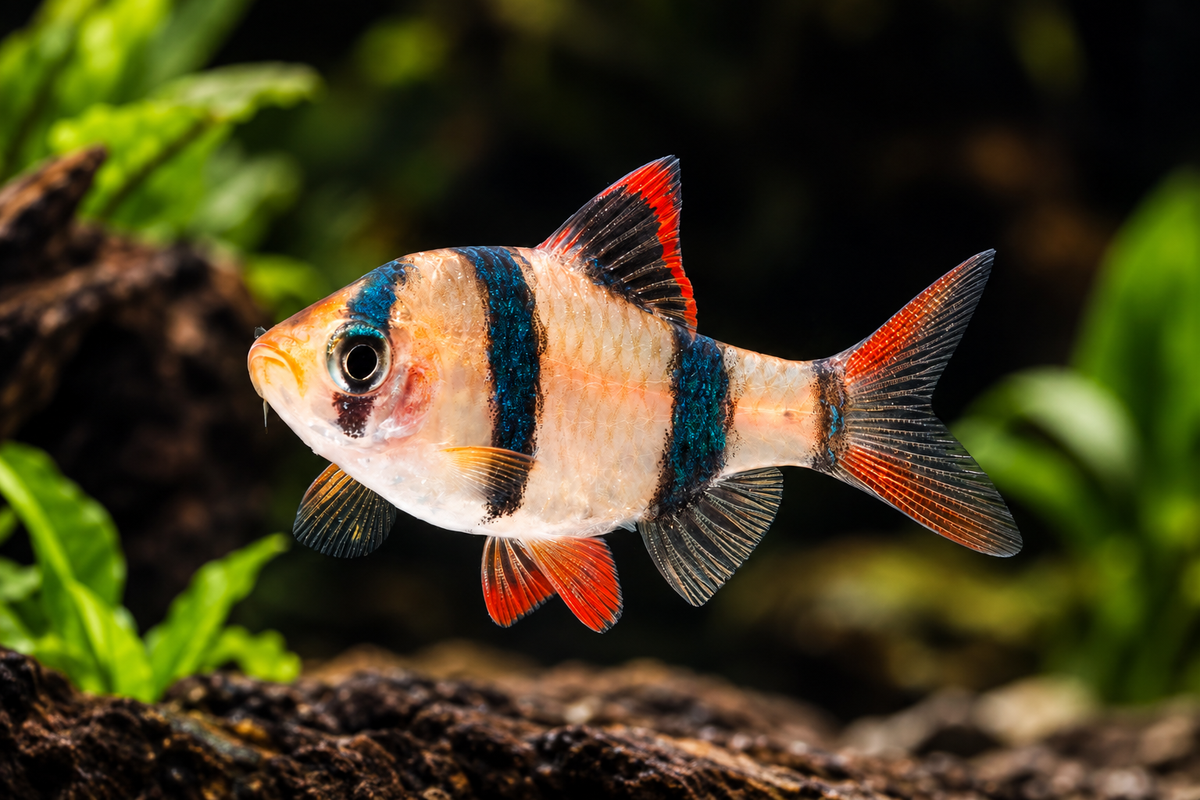 Close-up of a Tiger Barb with orange body, black vertical stripes, and red fins in a freshwater aquarium.