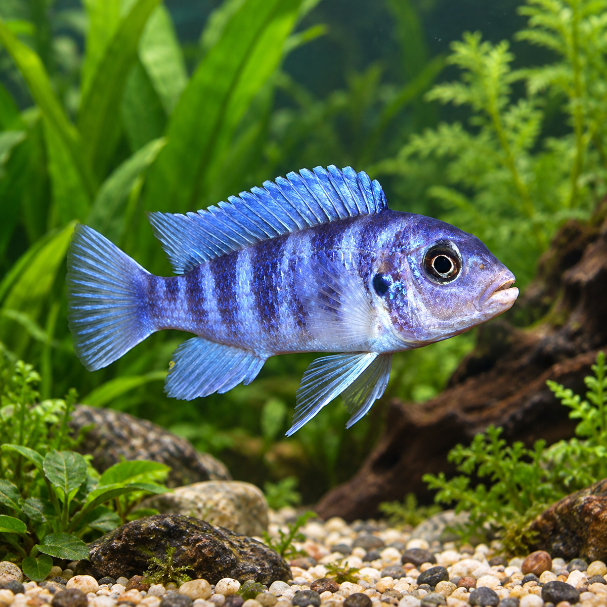 Blue juvenile Kenyi Mbuna cichlid (Maylandia lombardoi) with dark vertical bars in planted aquarium
