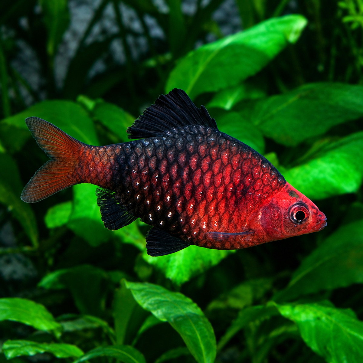 Black Ruby Barb with complete nose, tail, and fins against green aquarium plants