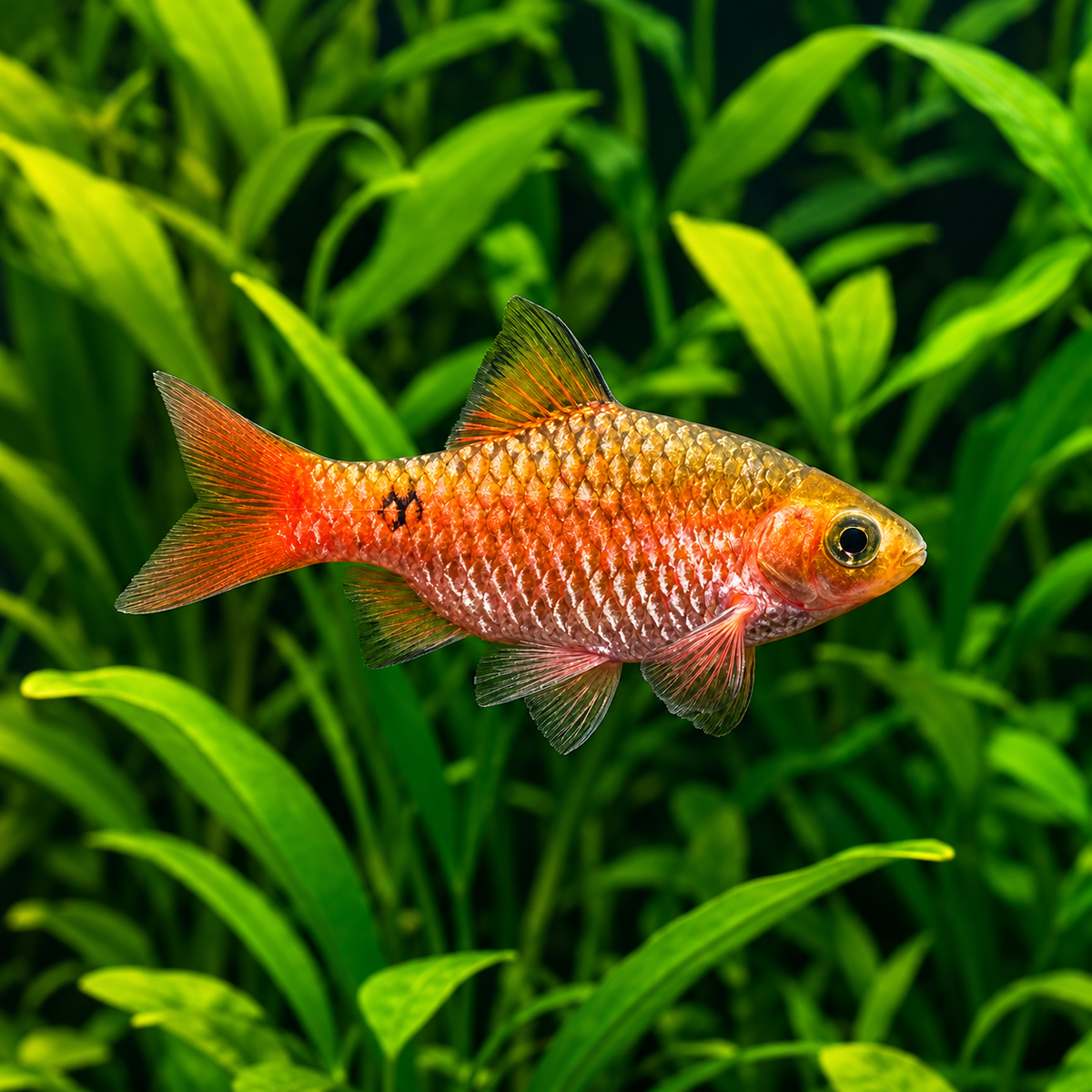 Rosy Barb with its full nose, tail, and fins visible against green aquarium plants